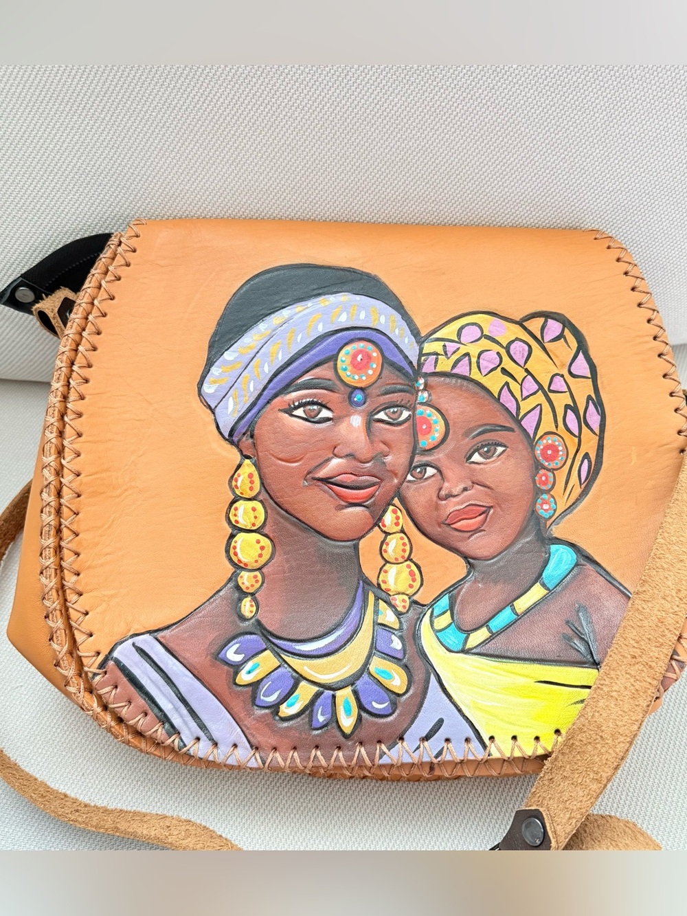 🎨 Hand-Painted Tan Leather Crossbody Bag with Colorful Portrait Art